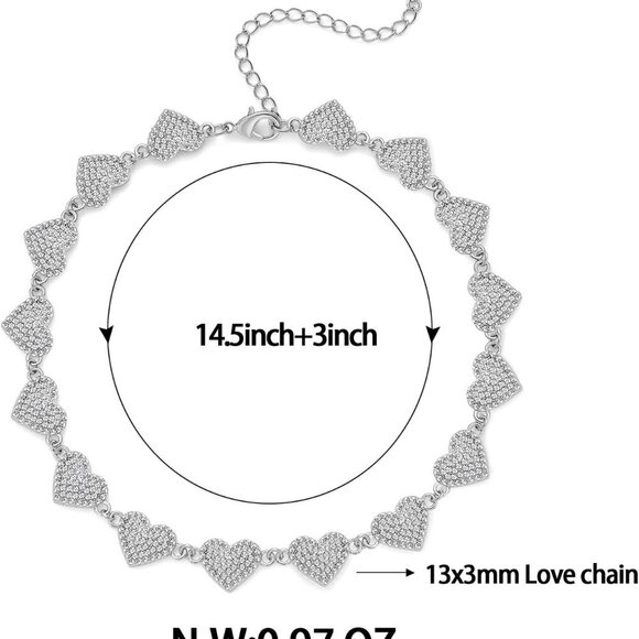 Silver Plated Heart Choker Necklaces For Women Rhinestone Heart Charm Necklaces - Picture 5 of 6